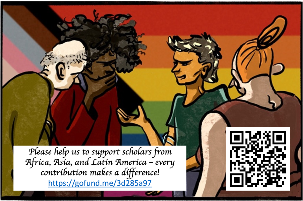 A multi-coloured sketch of people in front of the intersectional LGBTQIA+ flag. Caption in a white box reads "Please help us support scholars from Africa, Asia, and Latin America - every contribution makes a difference!". A QR code and url direct people to 'http://gofundme/3d285a97.