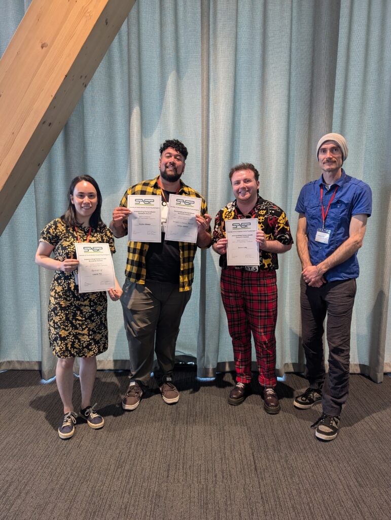 OPRA 2024 recipients, from left to right, Lisette Yip, Jordan Hinton, and Kieren Lilly with SASP OPRA coordinator Danny Osborne.